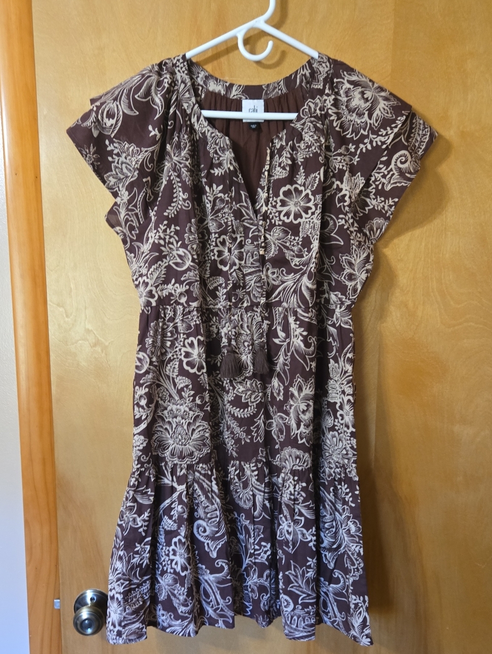 Cabi Midsummer Dress Women's Brown Floral Tiered Short Sleeve Dress